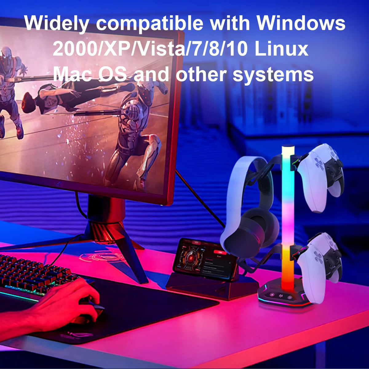 RGB Controller Holder,Gaming Headset and Controller Stand with 2 USB Ports & 10 Light Modes,Headphone and Gamepad Holder,Suitable for Most Headsets,Ideal Gamer Gift