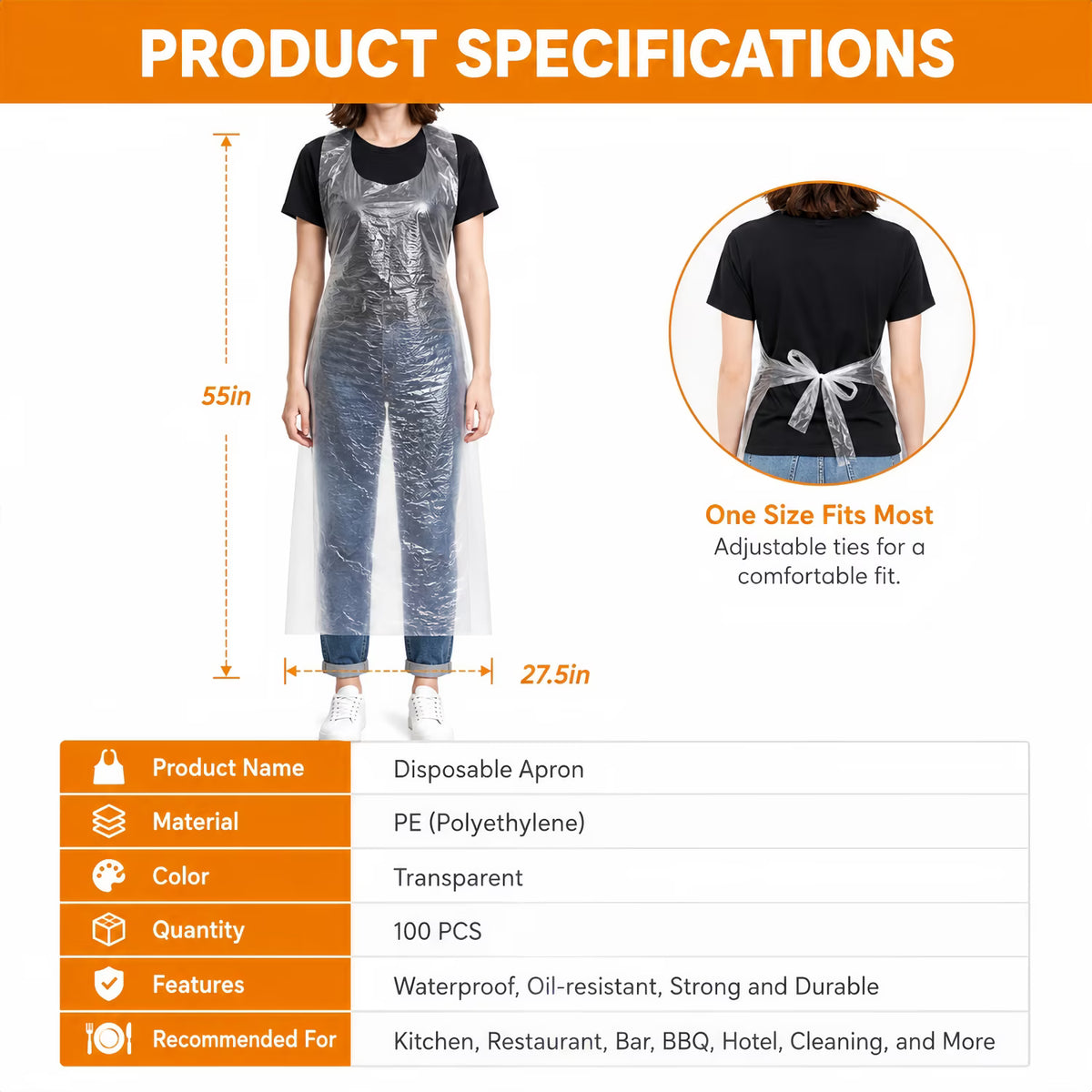 ChrumpTon 100 Pcs Disposable Aprons, Plastic Apron for Party, Cooking, Housework, Picnic, Food Service, Individually Packaged, 27.5" x 55"