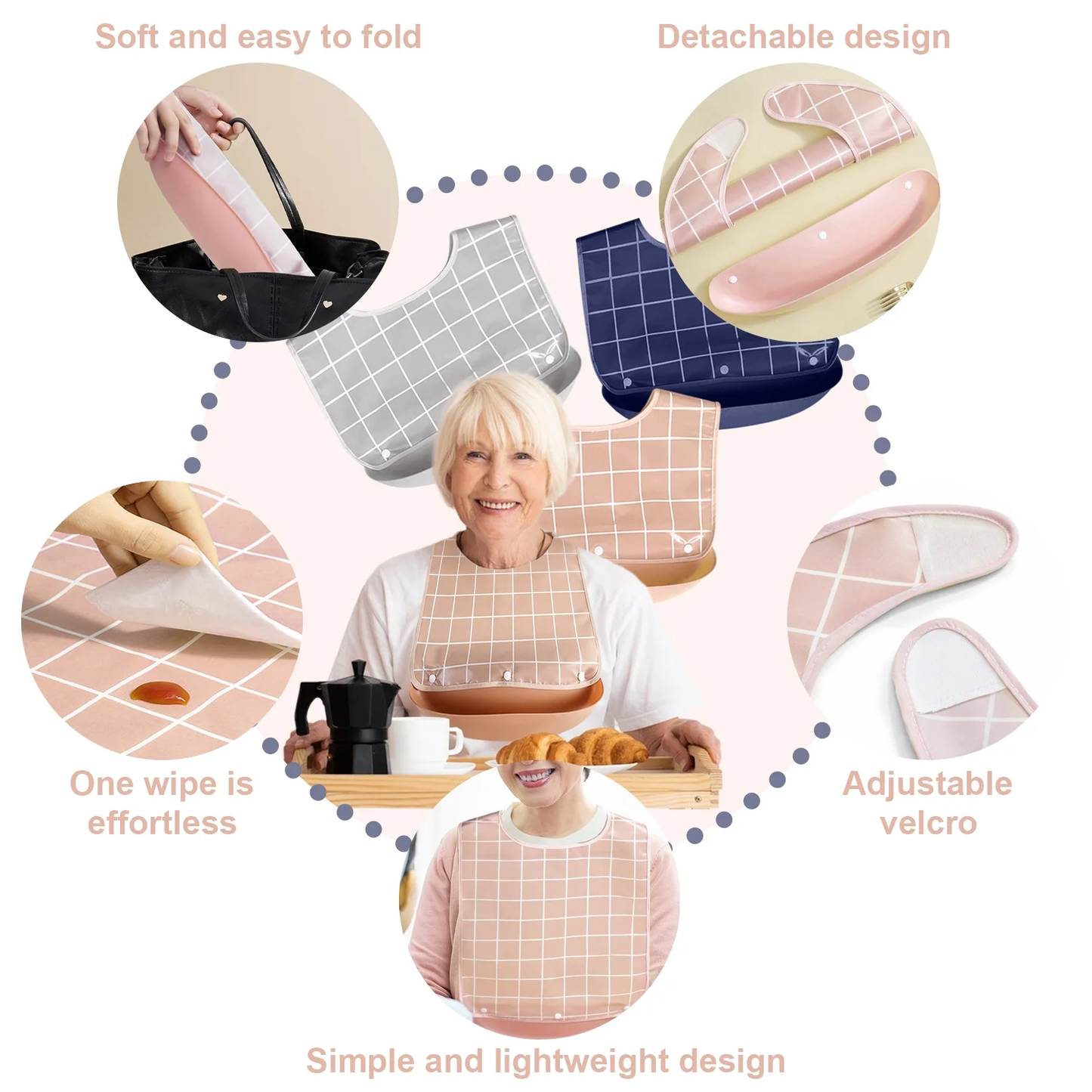 Adult Bibs for Men Women Pack of 3,Reusable Bibs for Elderly Eating with Crumb Catcher,Adjustable and Washable