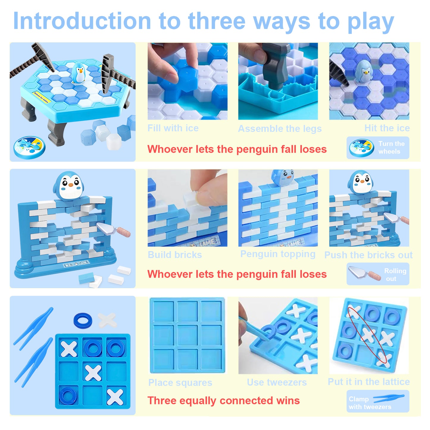 Trapped Penguin Board Game,Penguin Ice Break Toy with Mini Penguin Brick Wall Game and Tic Tac Toe,Thin Ice Game Set for Kids and Adults