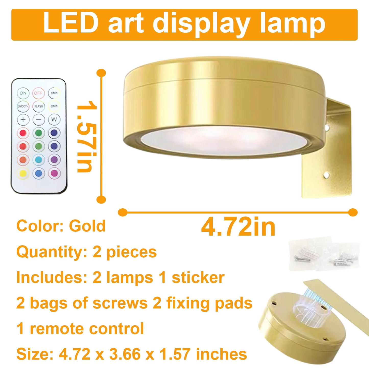 2 Pack Battery Operated Picture Light,3 Modes Picture Lights,Remote Dimmable and Timer,LED Painting Light for Pictures Photo Frame Portrait,6 LED Per Piece,4.72 in,Gold