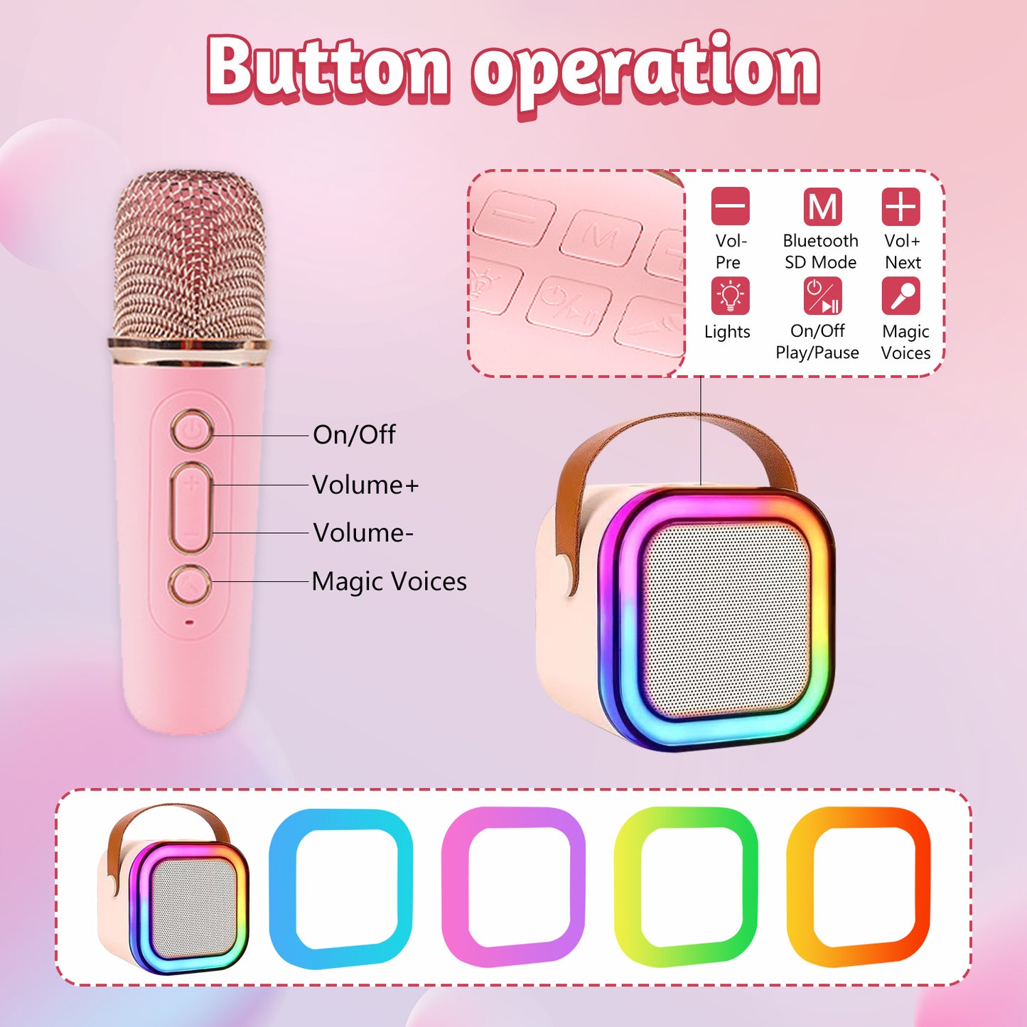 Kids Mini Karaoke Machine,Cute and Loud Portable Karaoke Machine with 2 Wireless Microphone and LED Lights,for Girls and Adults, Pink
