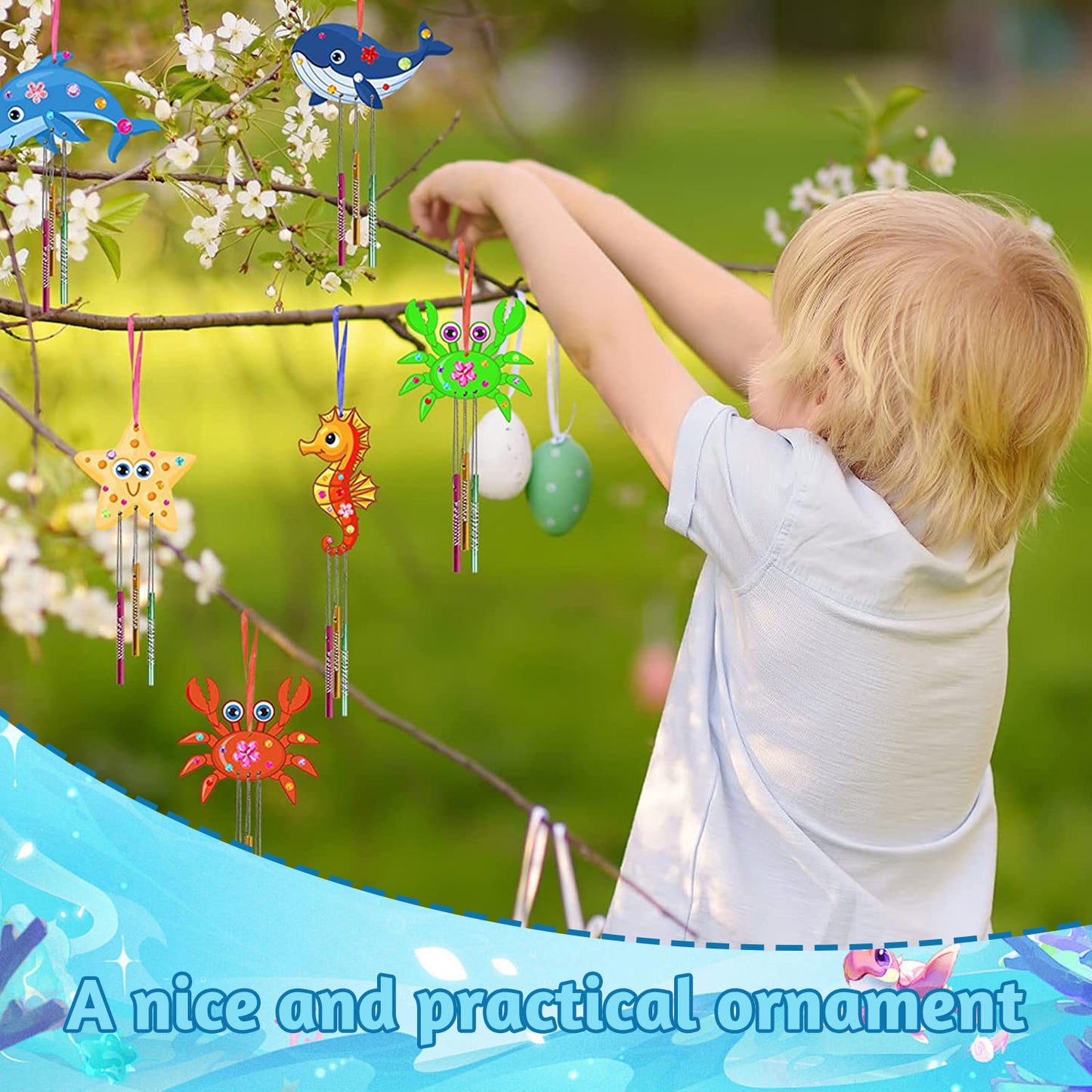 Wind Chimes Kit,Arts and Crafts,Wooden Crafts Kit for Kids Ages 8-12,Dinosaur and Sea Creature,Artistic Creation for Boys and Girls,19 Pcs