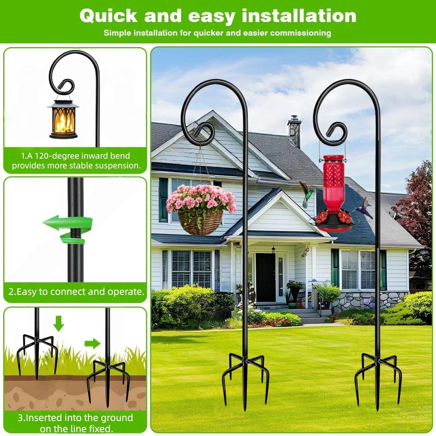 2 Pack 48 Inch Shepherds Hooks for Outdoor, Heavy Duty Bird Feeder Pole with 5 Prong Base, Adjustable Shepherds Hook for Hummingbird Feeder, Lanterns, Plants, Wedding Decor