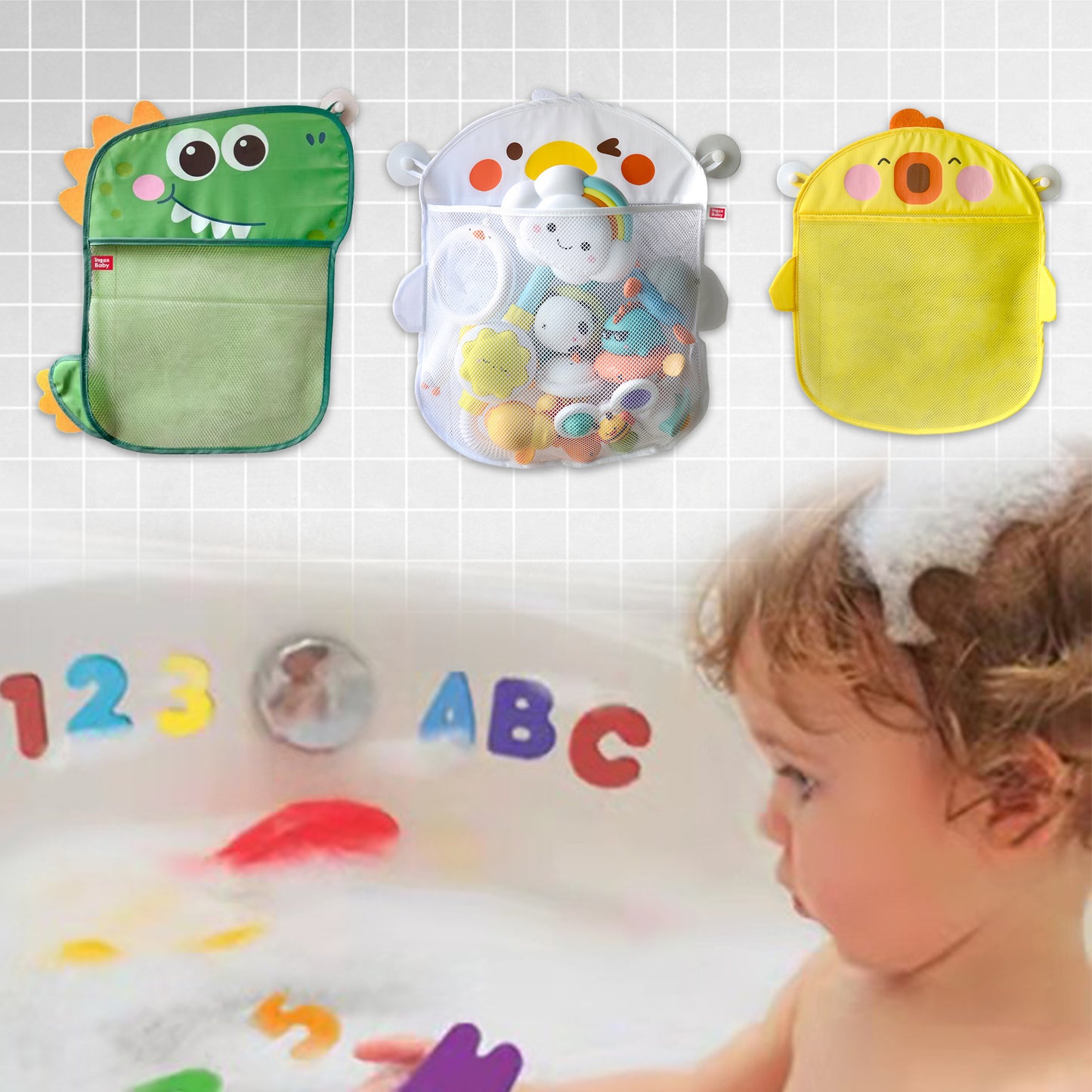 Bath Toy Storage x 3 + 6 Ultra Strong Suction Cups,Baby Bath Toy Organizer for Bath,Animal-shaped Mesh Bag and 36 Alphanumeric Toys,For Kids & Toddlers