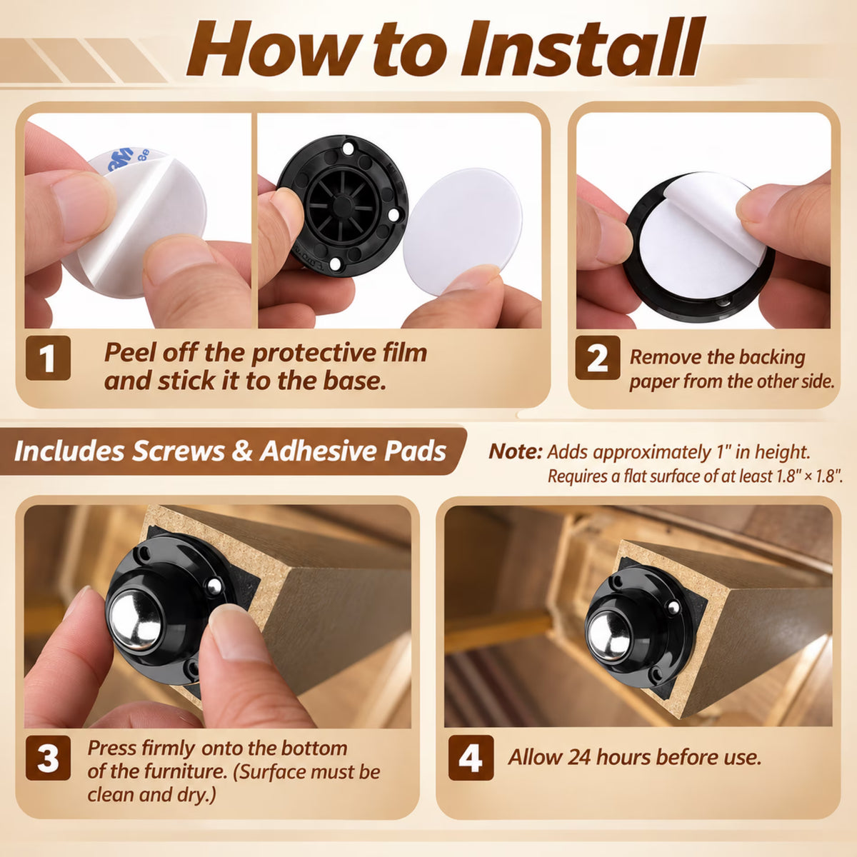 ChrumpTon 8 Pack Self-Adhesive Caster Wheels, 1" Mini Swivel Rollers, 360° Rotating Furniture Movers for Small Appliances, Storage Bins, Trash Cans & More (Black)