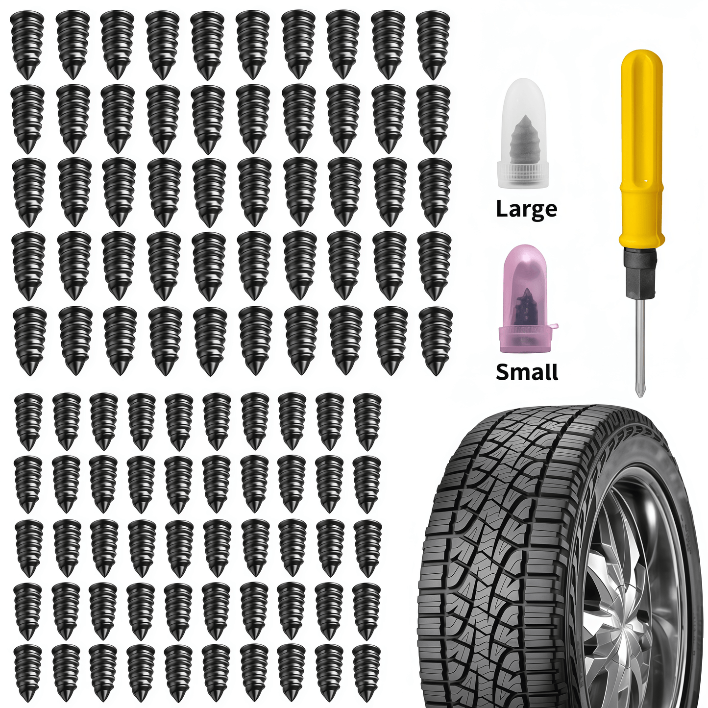 100 Pcs Tire Repair Rubber Nail Kit, Spiral Rubber Tire Plugs, Vacuum Tire Repair Kit with Screwdriver, Tire Plug Kit Fast Self-Service Tool for Car, Truck, Motorcycle, Tractor Tire Puncture Repair