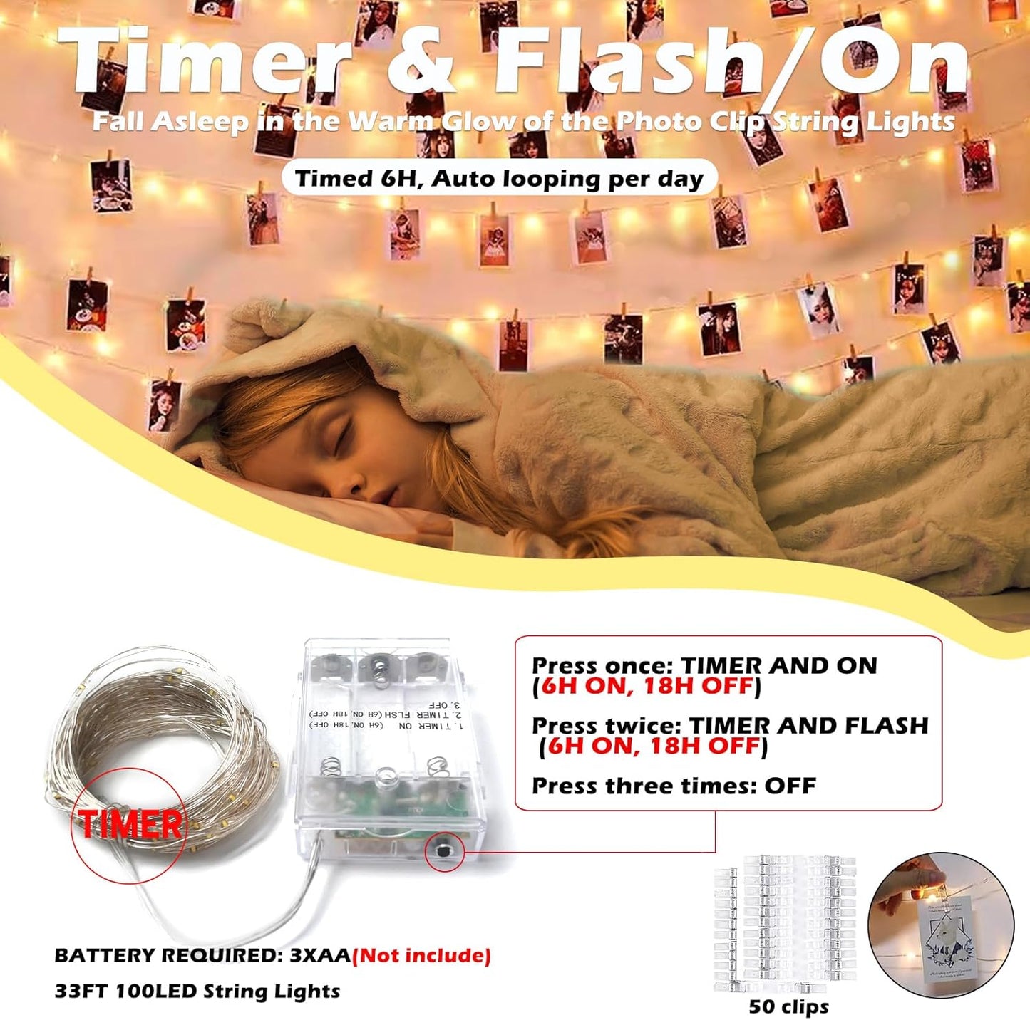 32.8 ft Photo String,100 LED Photo Clips,USB Powered Photo Clip Light,50 Clip String Lights for Picture Party Bedroom Wedding Camping,Warm White