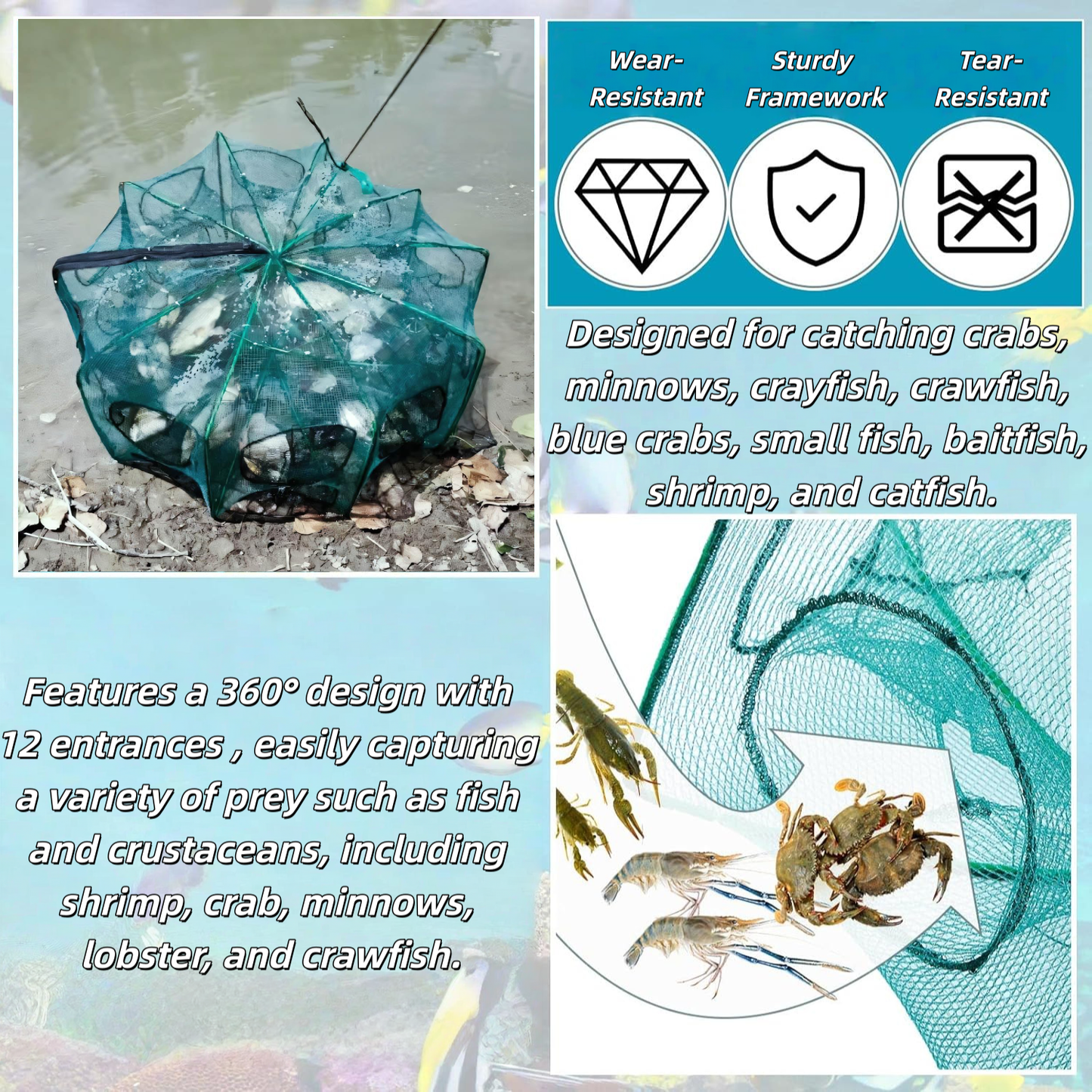 3‑Pack Crawfish Traps, 12-Hole Fishing Trap, Cylindrical Hexagon Crab Trap, Green Foldable Fishing Net, Fishing Accessories for Small Fish Shrimp Crab Crawfish (23.6 x 13.8 in)