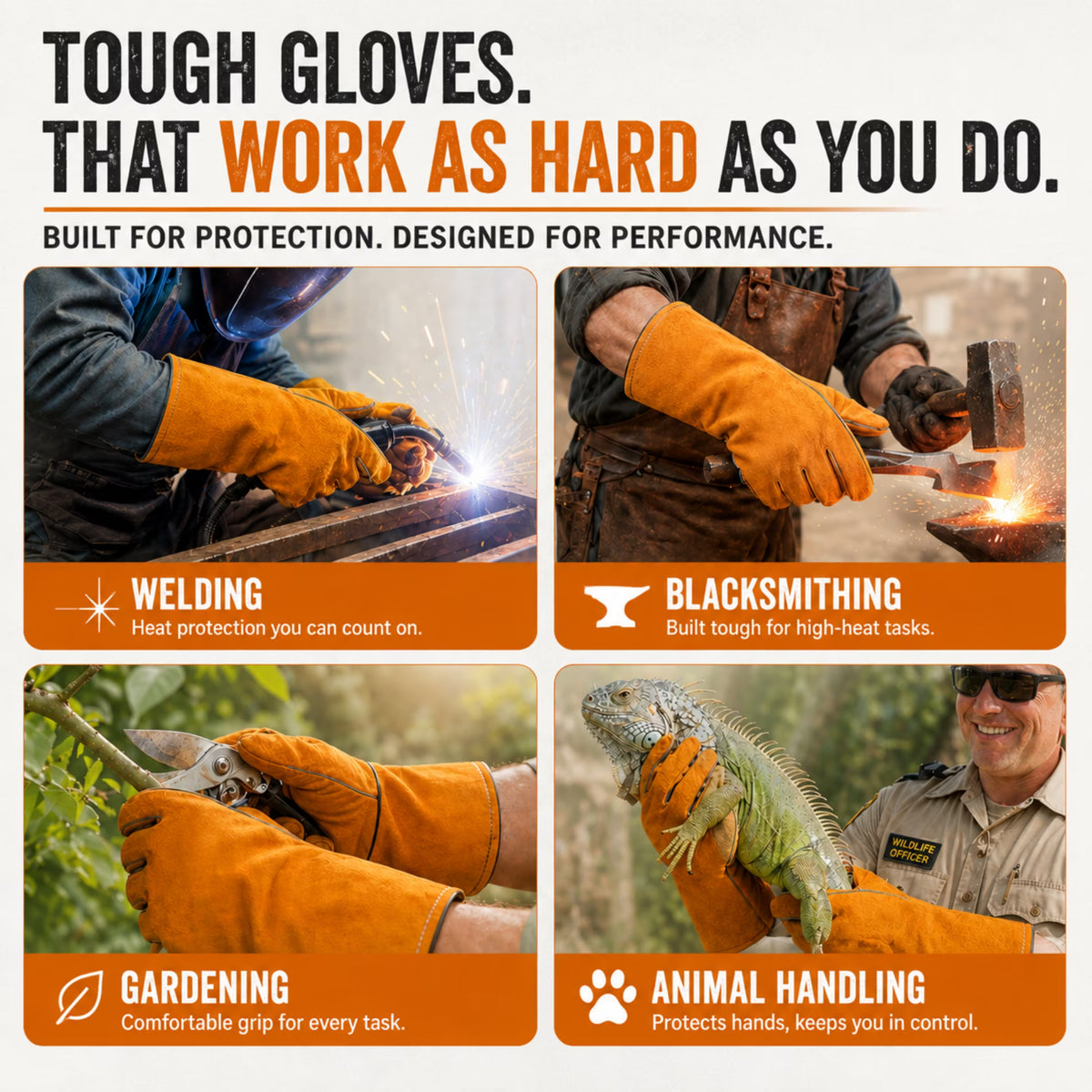 ChrumpTon Welding Gloves Heat Resistant, Leather Fireplace Gloves for Wood Stove & Welding, Long Sleeve Heat Resistant Gloves with Soft Lining, Orange