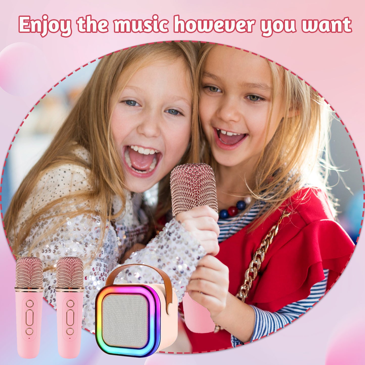Kids Mini Karaoke Machine,Cute and Loud Portable Karaoke Machine with 2 Wireless Microphone and LED Lights,for Girls and Adults, Pink