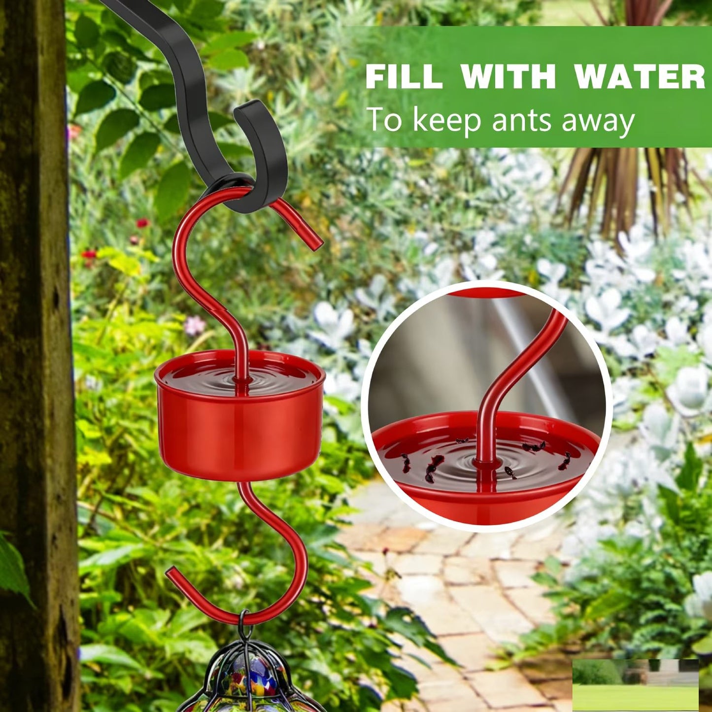 3-Pack Ant Moat for Hummingbird Feeders, Red Hummingbird Feeder Ant Guard, RustProof S Hooks with Cleaning Brushes and Hanging Chain for Bird Feeders