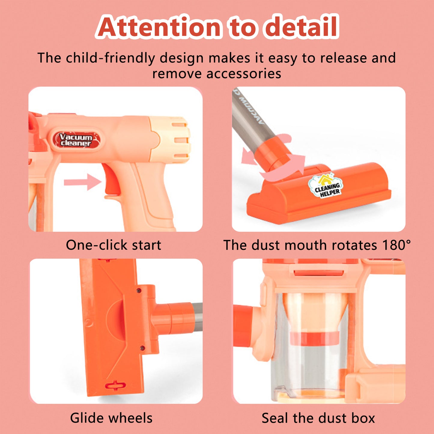 Kids Vacuum Cleaner,Toy Vacuum Cleaner,4-in-1 Kids Vacuum That Really Works,Pink Girl's Vacuum Cleaner,Cordless Real Suction,Gifts for Boys and Girls