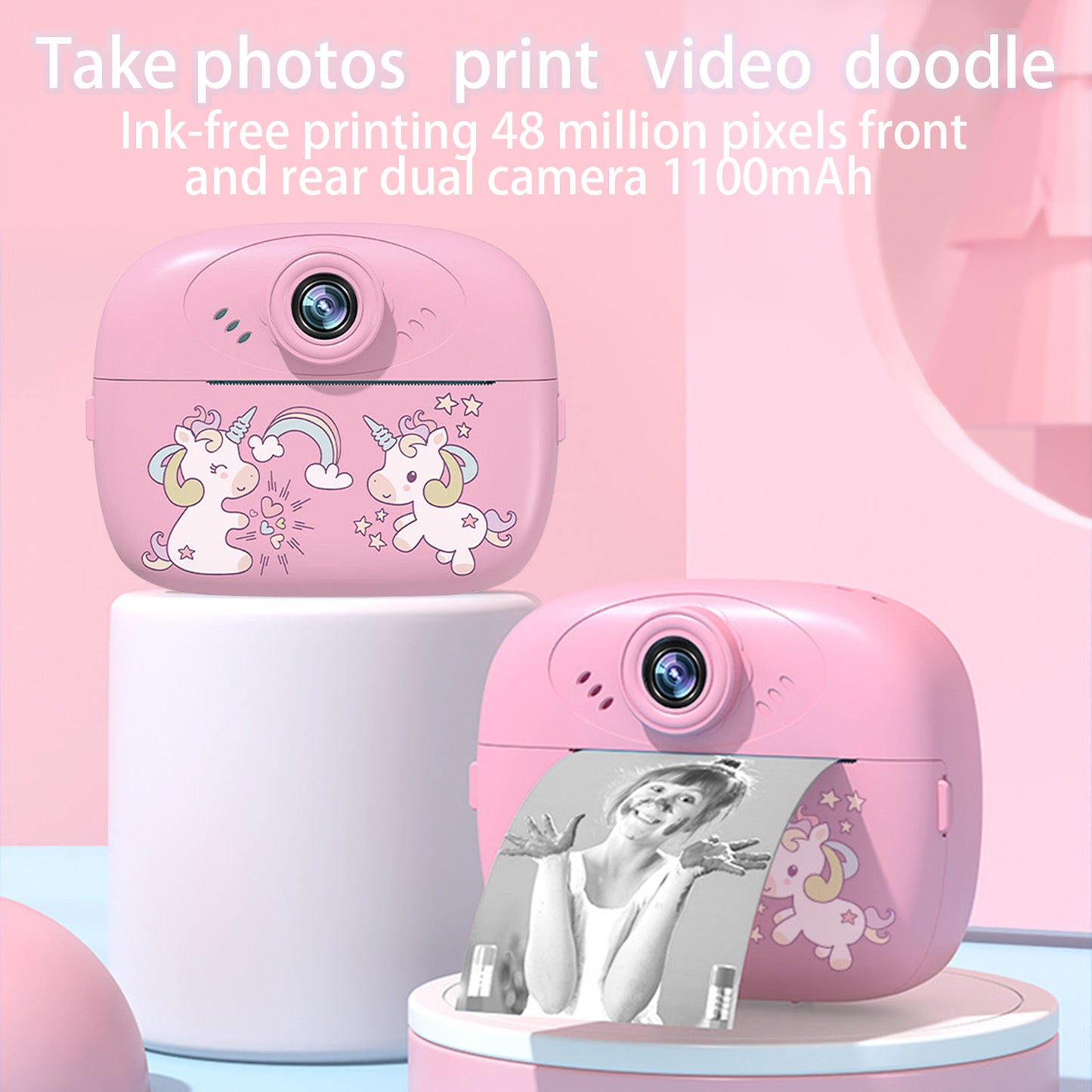 QINIUXO Instant Print Camera,HD Digital Camera,Pink Camera,Christmas Gift