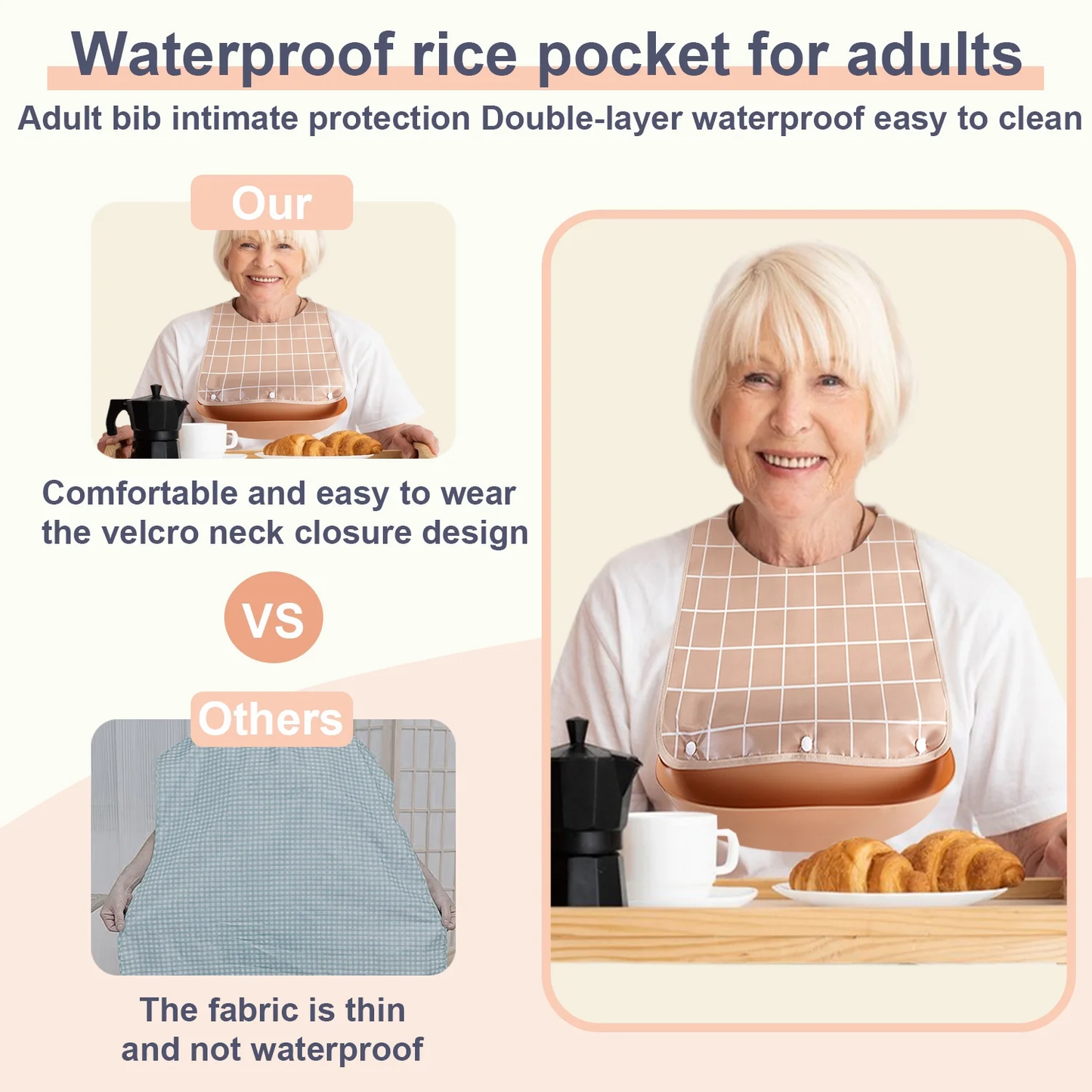 Adult Bibs for Men Women Pack of 3,Reusable Bibs for Elderly Eating with Crumb Catcher,Adjustable and Washable