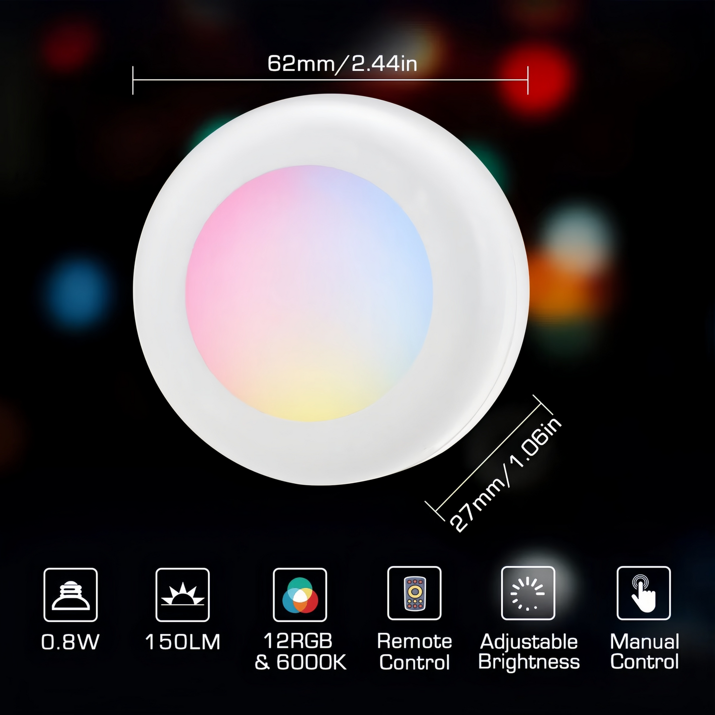 6 Pack Pastable Puck Lights,4 Dynamic Lighting 13 Colors LED Puck Lights,Remote Puck Lights,Under Cabinet Lights Puck Adjustable Brightness for Kitchen,1 LED Per Piece,2.44 in