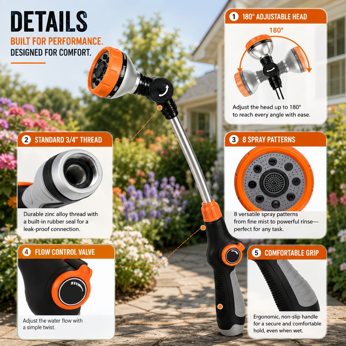 Garden Hose Nozzle, Hose Nozzle with 180° Rotating Head, Heavy Duty Metal Watering Wand, Pressure Nozzle with 8 Spray Patterns and Flow Control, Garden Tools Perfect for Hanging Baskets, Shrubs