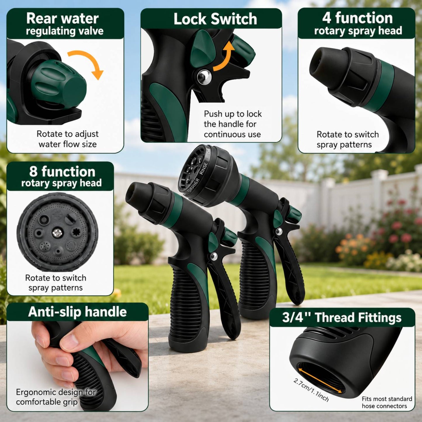 2 Pack Garden Hose Nozzle, Heavy Duty Water Hose Nozzle with 8 Spray Patterns, High Pressure Hose Sprayer with Flow Control for Flowers, Lawn, Car Wash and Pet Bath