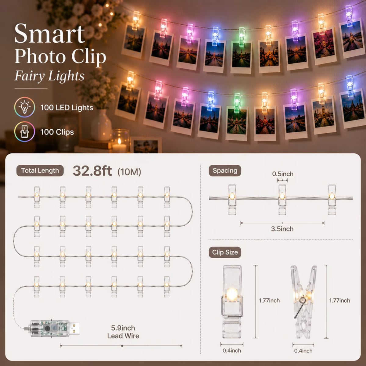 100 LED Photo Clip String Lights, 33FT Fairy Lights for Pictures, USB Photo Hanging Lights with Remote & App Control, Waterproof Picture Lights with 100 Clips for Room Decor
