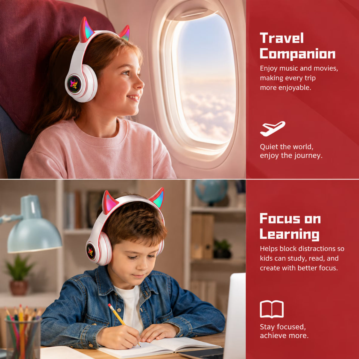 QINIUXO Kids Bluetooth Headphones, Wireless Over-Ear Headset with LED Lights, Foldable Adjustable Design, Volume Controls, 3.5mm Wired and Memory Card Modes for School, Travel, Tablets and Laptops
