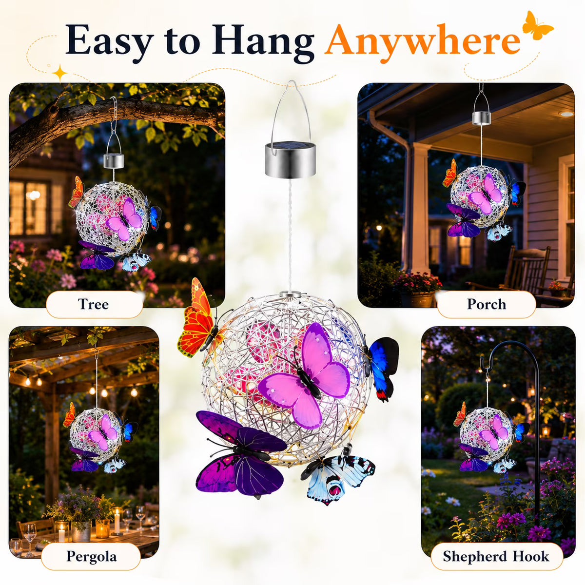 PEUHOP 2 Pack Butterfly Solar Lanterns Outdoor Waterproof, Hanging Solar Lights with White LED for Garden Decor, Yard, Patio, Pathway and Porch
