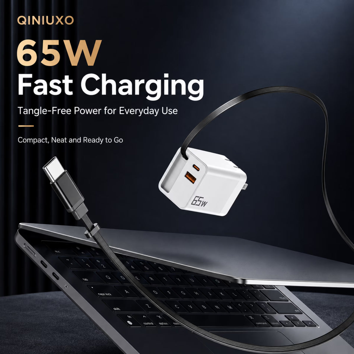 QINIUXO 3-in-1 Retractable USB C Charger, 65W Max Total Output Wall Charger with 25.5 in Built-In Type C Cable, USB C & USB A Charging Ports
