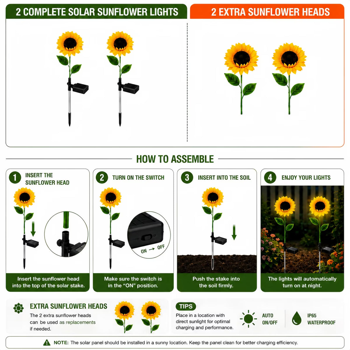 2 Pack Solar Garden Lights with 2 Extra Sunflower Heads, Solar Sunflower Lights Outdoor Waterproof with Auto On/Off, Solar Lights for Patio Lawn Outdoor Decor, Lighted Stem