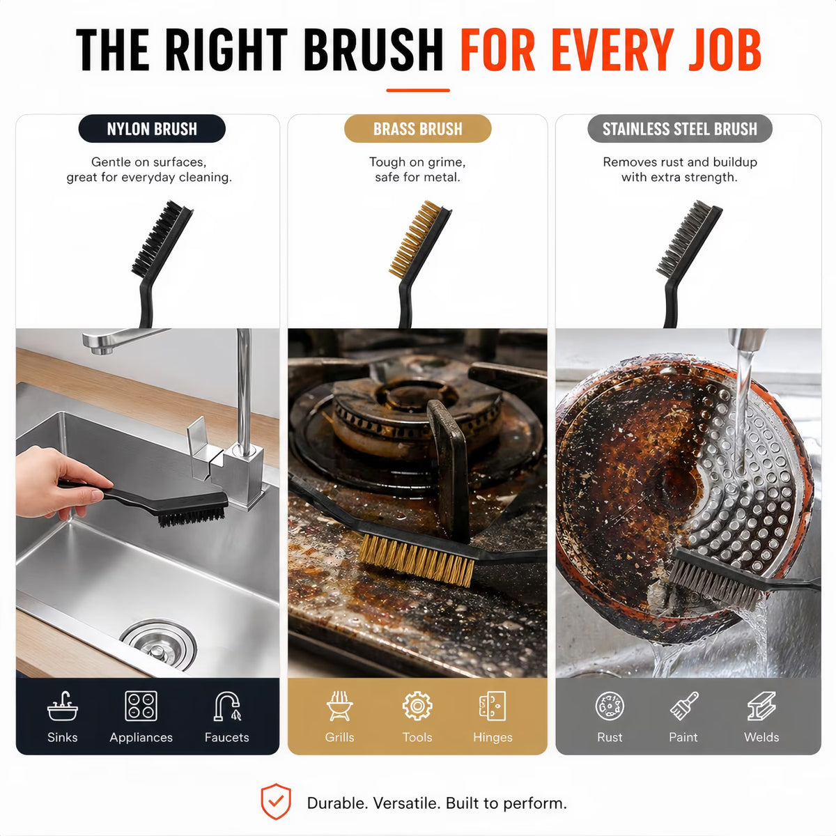 ChrumpTon 14 Pcs Wire Brush Set, Wire Brushes for Cleaning with Brass, Stainless Steel & Nylon Bristles, Curved Grip for Removing Rust, Dirt & Paint, for Home, Kitchen & Workshop Use
