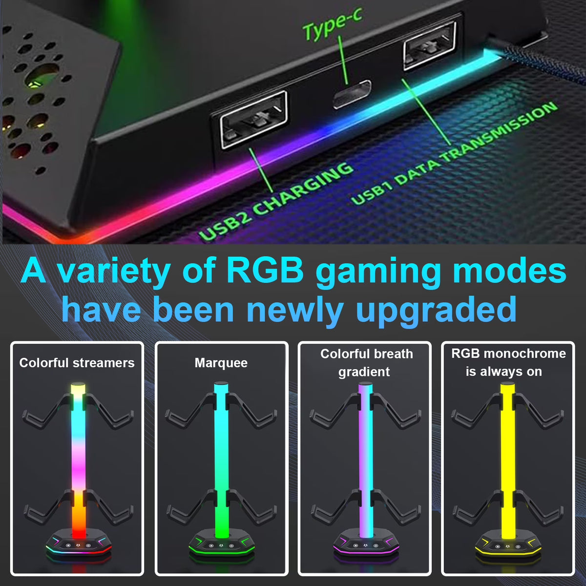 RGB Controller Holder,Gaming Headset and Controller Stand with 2 USB Ports & 10 Light Modes,Headphone and Gamepad Holder,Suitable for Most Headsets,Ideal Gamer Gift