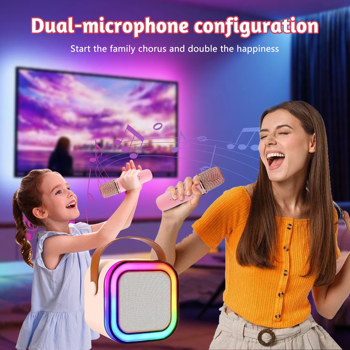 Kids Mini Karaoke Machine,Cute and Loud Portable Karaoke Machine with 2 Wireless Microphone and LED Lights,for Girls and Adults, Pink