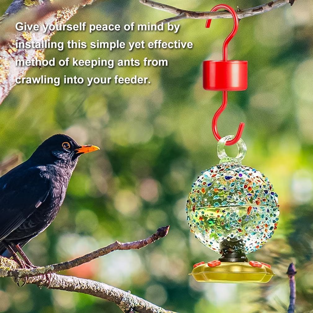 3-Pack Ant Moat for Hummingbird Feeders, Red Hummingbird Feeder Ant Guard, RustProof S Hooks with Cleaning Brushes and Hanging Chain for Bird Feeders