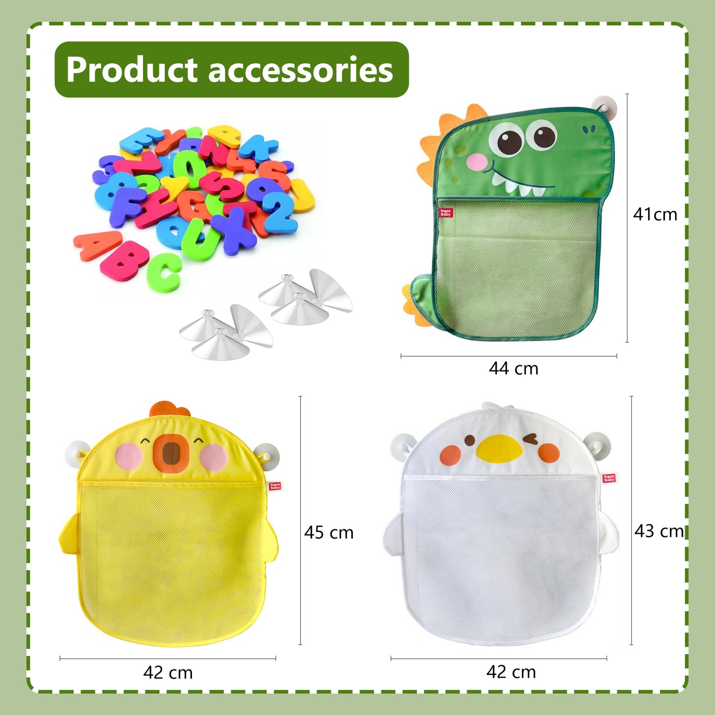 Bath Toy Storage x 3 + 6 Ultra Strong Suction Cups,Baby Bath Toy Organizer for Bath,Animal-shaped Mesh Bag and 36 Alphanumeric Toys,For Kids & Toddlers