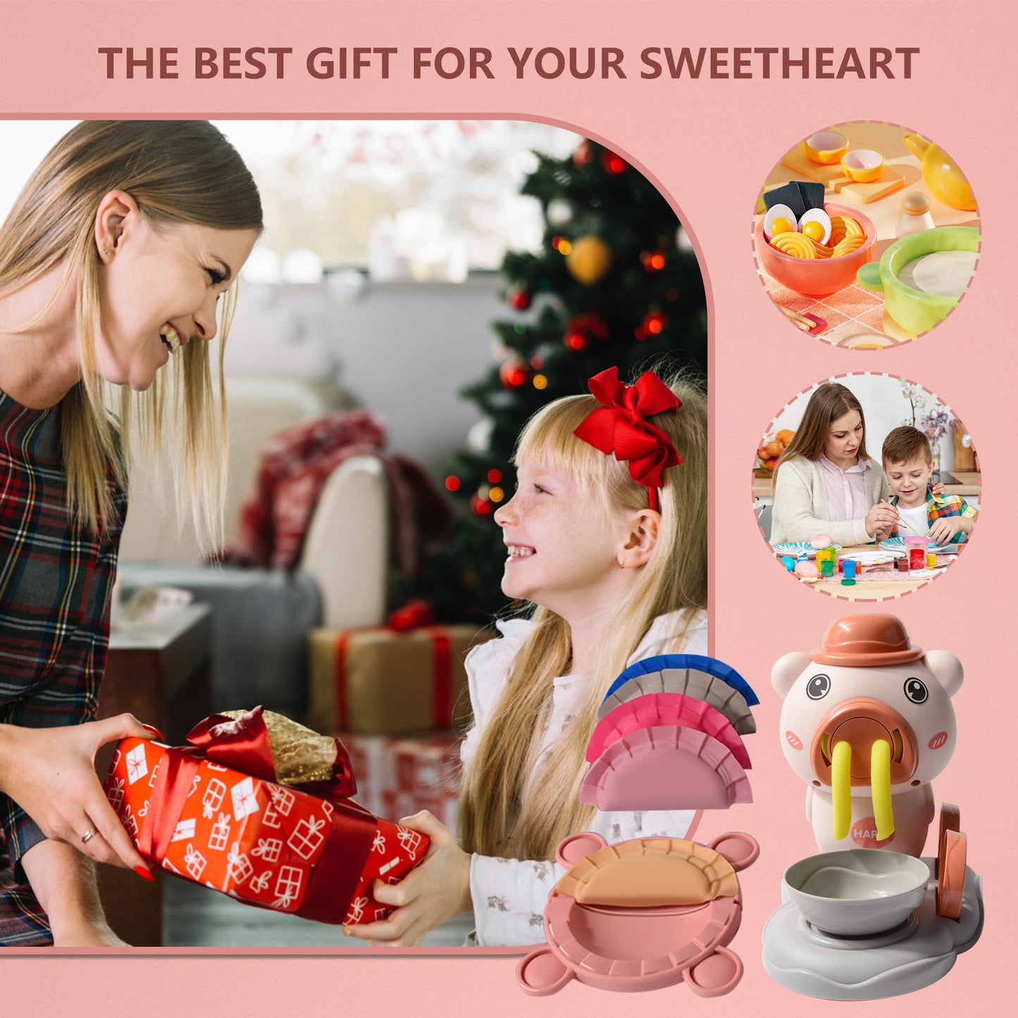 Playdough Toys for Kids,Clay Noodle Maker Set,Kitchen Toy Playdough Sets for Kids Ages 4-8,Pink Piggy Image,Two Noodle Machines with 47 Accessories