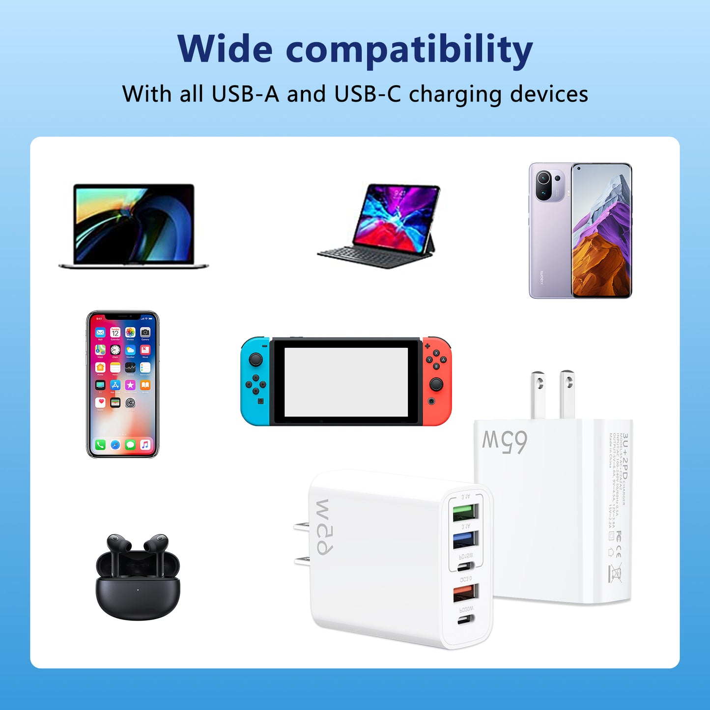 USB C Wall Charger,65W Fast Charger 2 Pcs,6 Port Power Adapter,Suitable for Multi-model Mobile Phones,Tablets,Computers