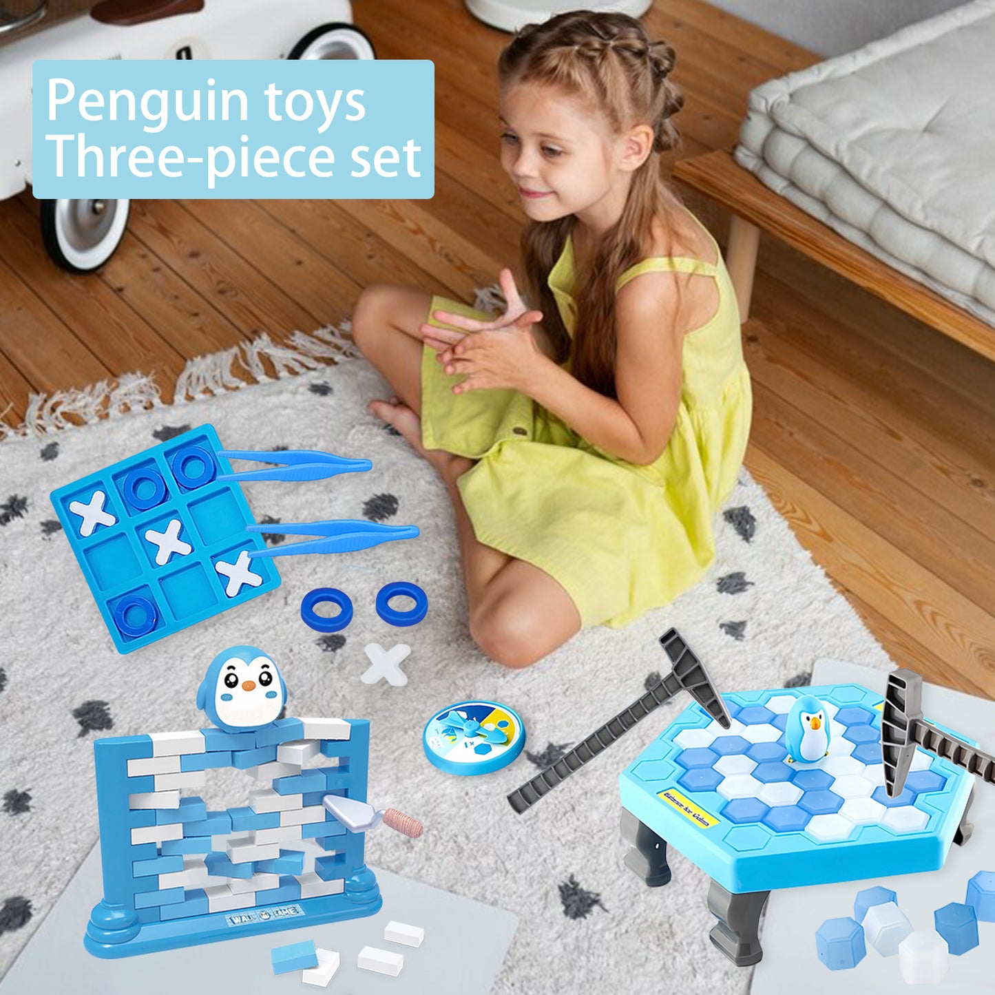 Trapped Penguin Board Game,Penguin Ice Break Toy with Mini Penguin Brick Wall Game and Tic Tac Toe,Thin Ice Game Set for Kids and Adults