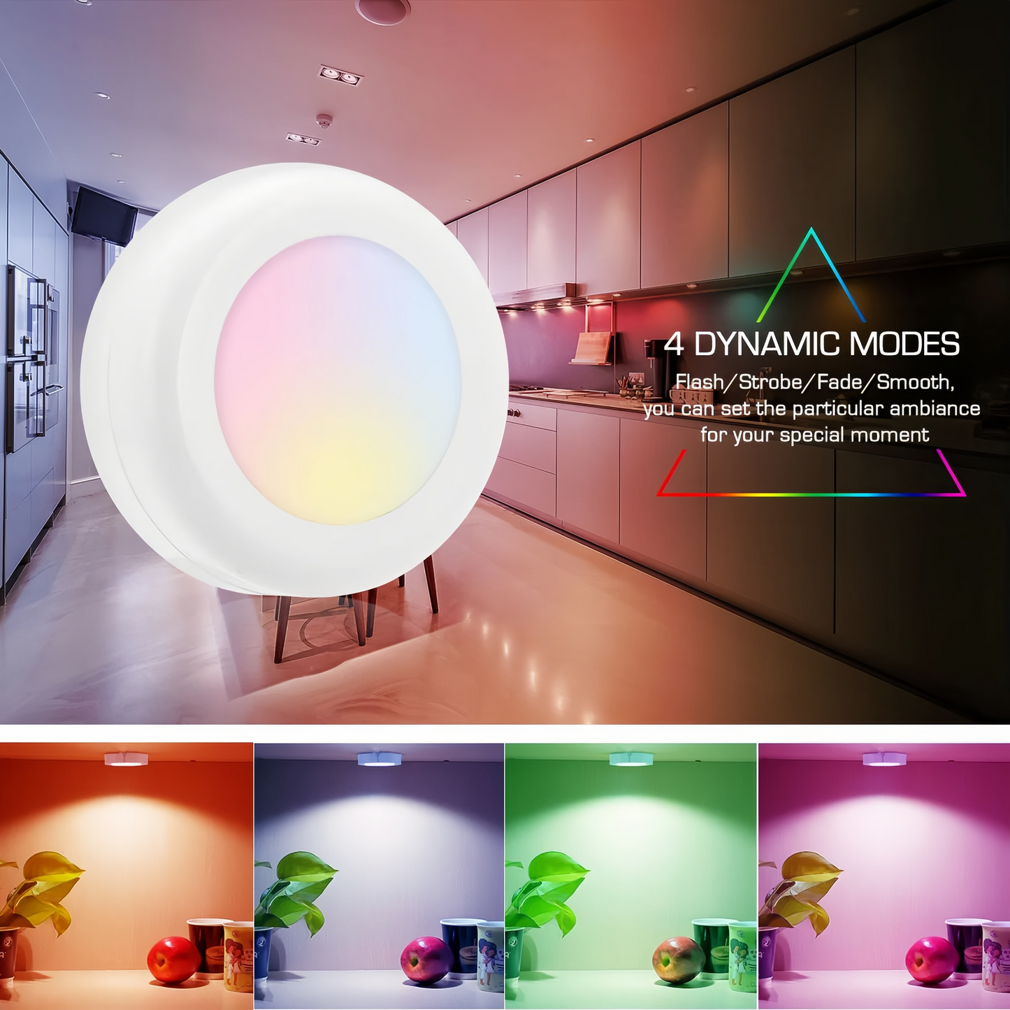 6 Pack Pastable Puck Lights,4 Dynamic Lighting 13 Colors LED Puck Lights,Remote Puck Lights,Under Cabinet Lights Puck Adjustable Brightness for Kitchen,1 LED Per Piece,2.44 in