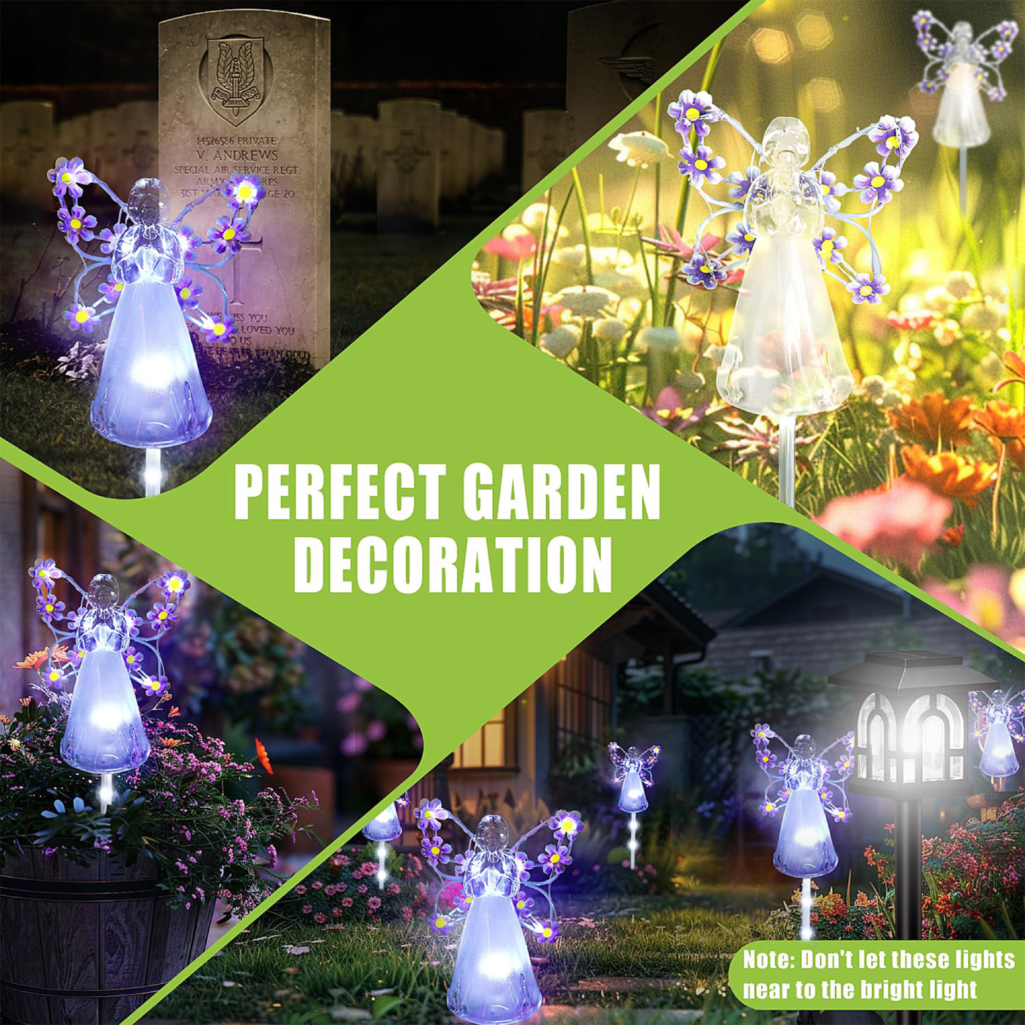 2 Pack Solar Lights Outdoor, Solar Angel Statue, Waterproof Solar Garden Lights, Pathway Lights with 14 Purple LEDs, Grave Decorations for Cemetery, Garden Statue