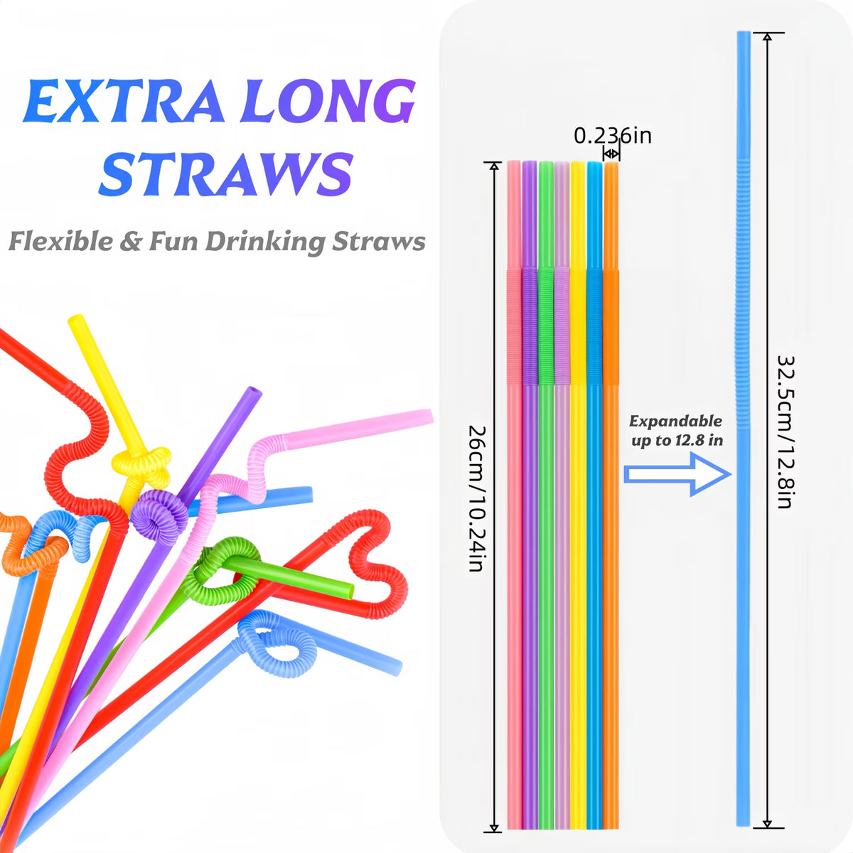 ChrumpTon 300 Pack Bendable Plastic Straws, 10.24" Extra Long Colorful Disposable Drinking Straws, Flexible Bendy Straws for Juice, Smoothies, Milk & Party Drinks