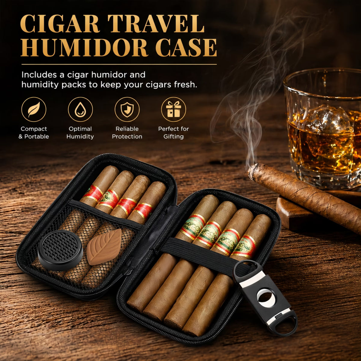 ChrumpTon Portable Cigar Travel Case with Cutter, Humidifier & Moisture Tablet – Black Cigar Storage Box, Men’s Gift Accessory (Cigar Not Included)