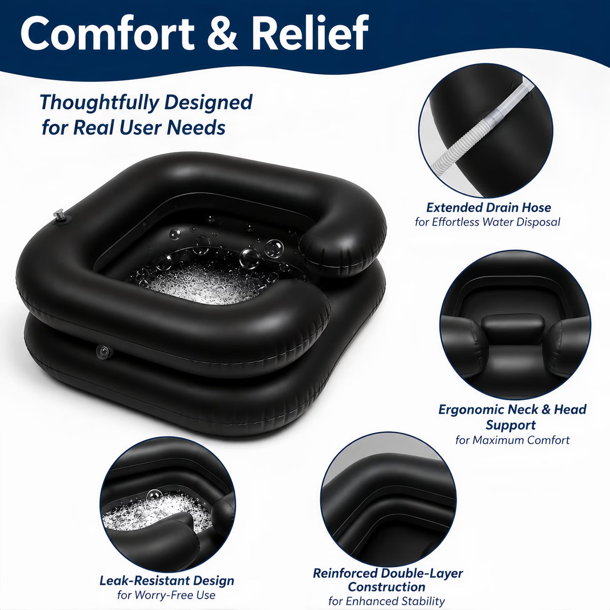 ChrumpTon Inflatable Hair Wash Basin with Drain Hose, Portable Shampoo Bowl for Bedside Hair Washing, Includes Hand Pump & Towel, for Bedside, Home Care, Sink Washing and Dreadlock Care, Black