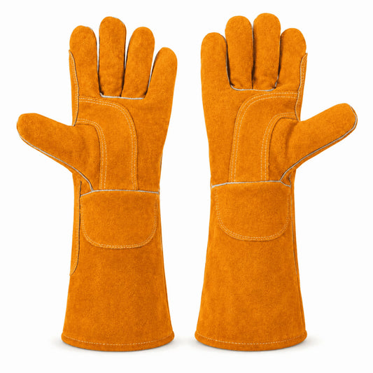 ChrumpTon 16 Inch Leather Welding Gloves, Heat Resistant Work Gloves with Extended Cuff, Reinforced Stitching and Soft Lining for Fireplace, Wood Stove, Yard Work and Light Welding, Orange