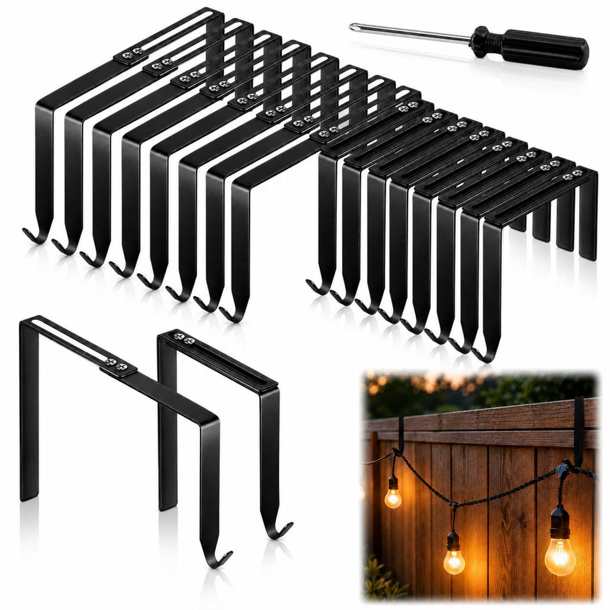 ChrumpTon 16 Pack Adjustable Outdoor Light Hooks, Metal Over-the-Wall Hangers for String Lights, Fits 3.2–6 Inch Wide Wall and Fence Tops, for Brick, Concrete Block, Railings and Patio Décor