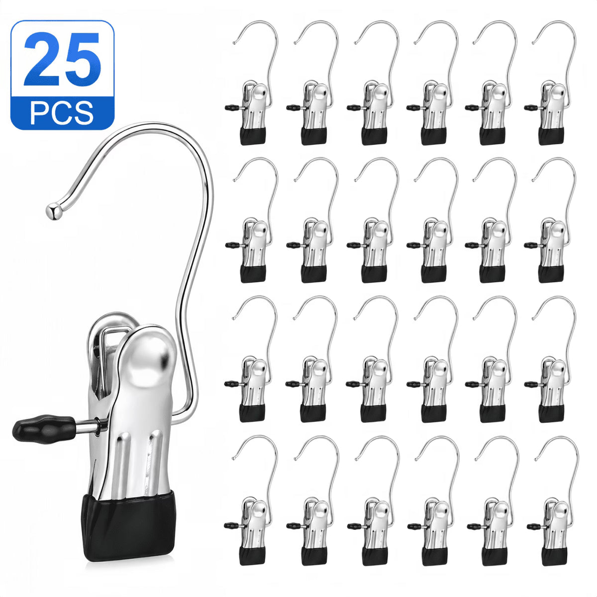 ChrumpTon 25 Pack Heavy Duty Clip Hangers, 360° Rotating Metal Hanging Clips, Non-Slip Closet Organizer for Boots, Pants, Towels, Socks, Hats & Gloves, Space Saving Hooks for Home Travel, Black