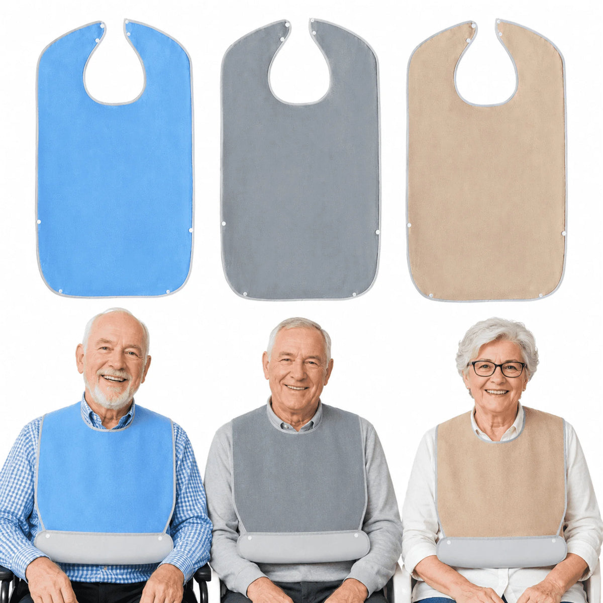 ChrumpTon 3 Pack Adult Bibs for Men and Women, Large Towel Bibs with Waterproof Lining, Adjustable Washable Clothing Protectors with Crumb Catcher, Blue Gray Camel