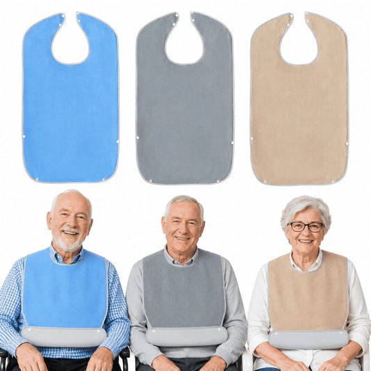 ChrumpTon 3 Pack Adult Bibs for Men and Women, Large Towel Bibs with Waterproof Lining, Adjustable Washable Clothing Protectors with Crumb Catcher, Blue Gray Camel