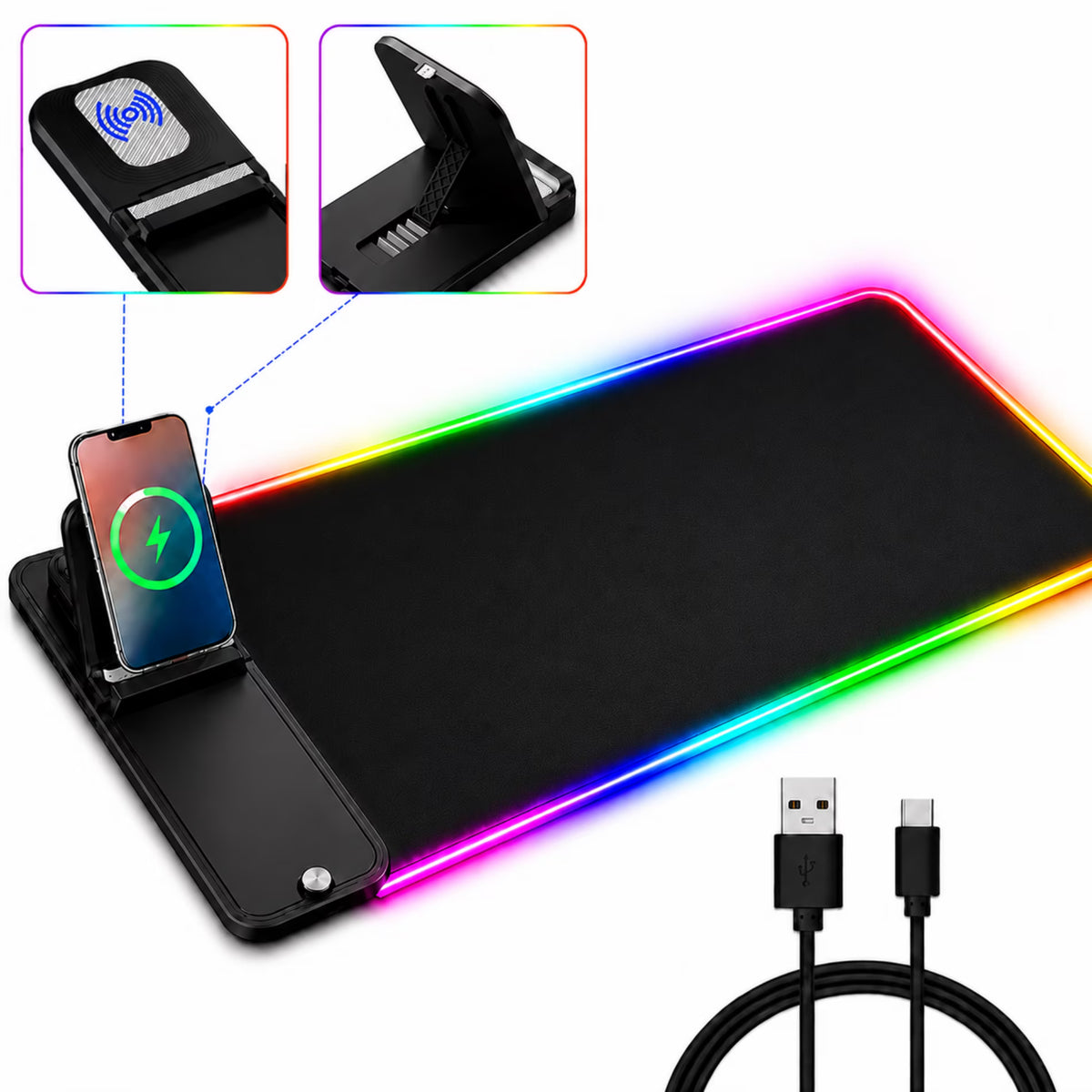 ChrumpTon RGB Gaming Mouse Pad with Wireless Charging 15W,Large Laptop LED Mouse Pad,6 Light Modes Keyboard Pad with Phone Holder & Non-Slip Rubber Base,Waterproof Mousepad