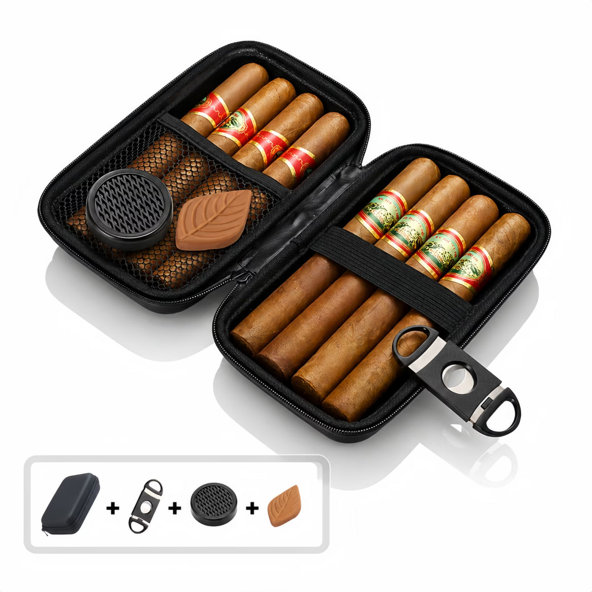 ChrumpTon Portable Cigar Travel Case with Cutter, Humidifier & Moisture Tablet – Black Cigar Storage Box, Men’s Gift Accessory (Cigar Not Included)