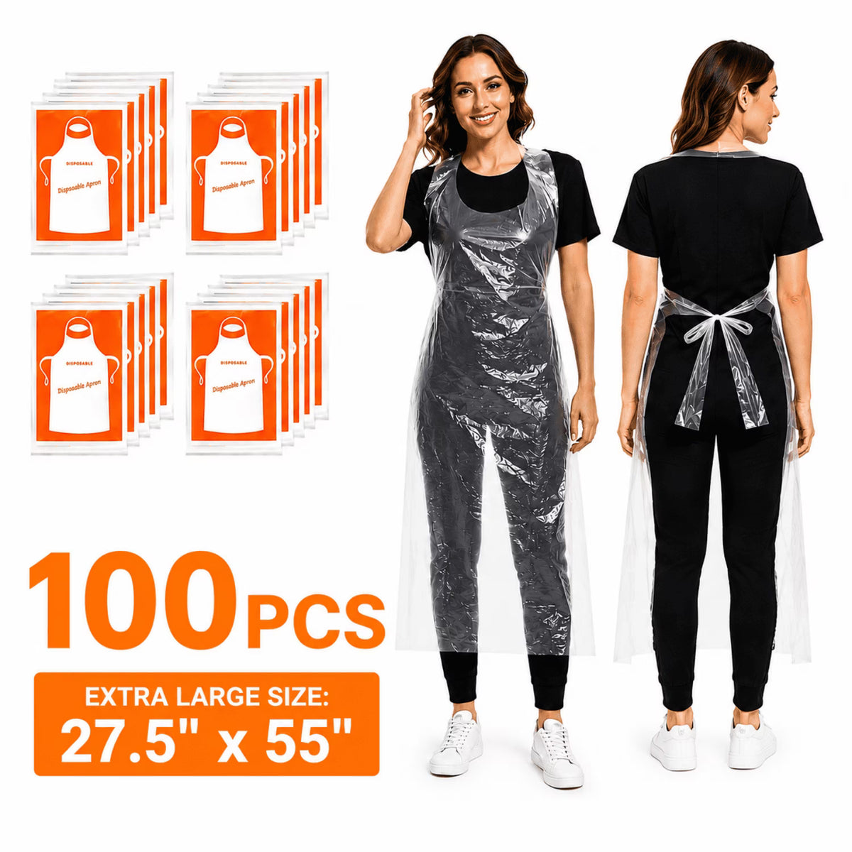 ChrumpTon 100 Pcs Disposable Aprons, Plastic Apron for Party, Cooking, Housework, Picnic, Food Service, Individually Packaged, 27.5" x 55"