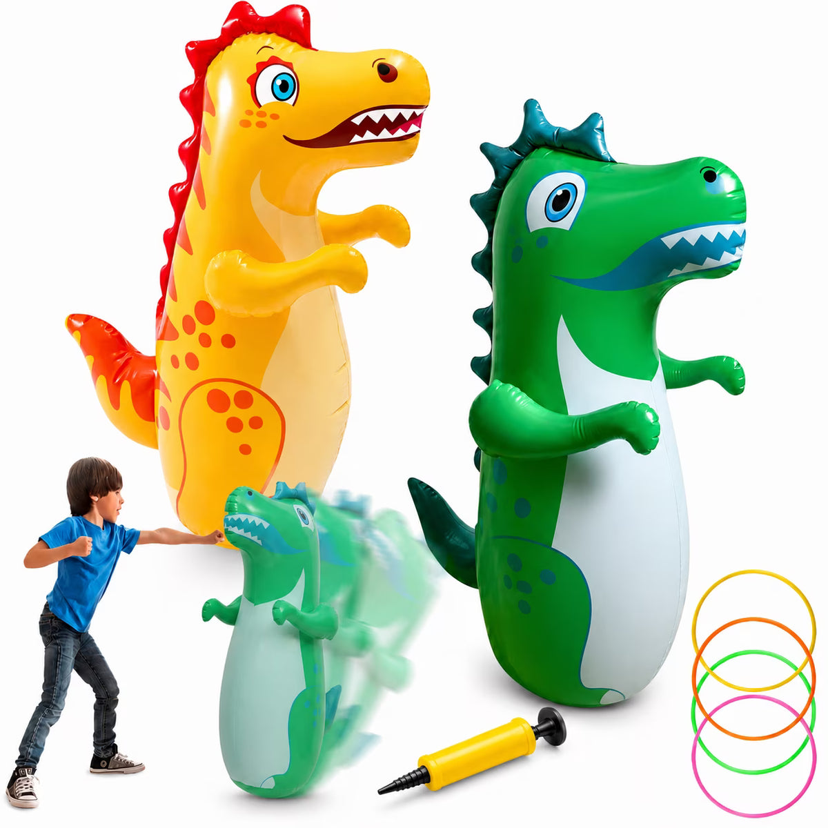 2 Pack Inflatable Punching Bag,4 Rings Ring Toss,Portable Inflatable Dinosaur Sandbag,Boxing Bag for Entertainment Boxing Training Game,38 in Tall,‎Green and Yellow