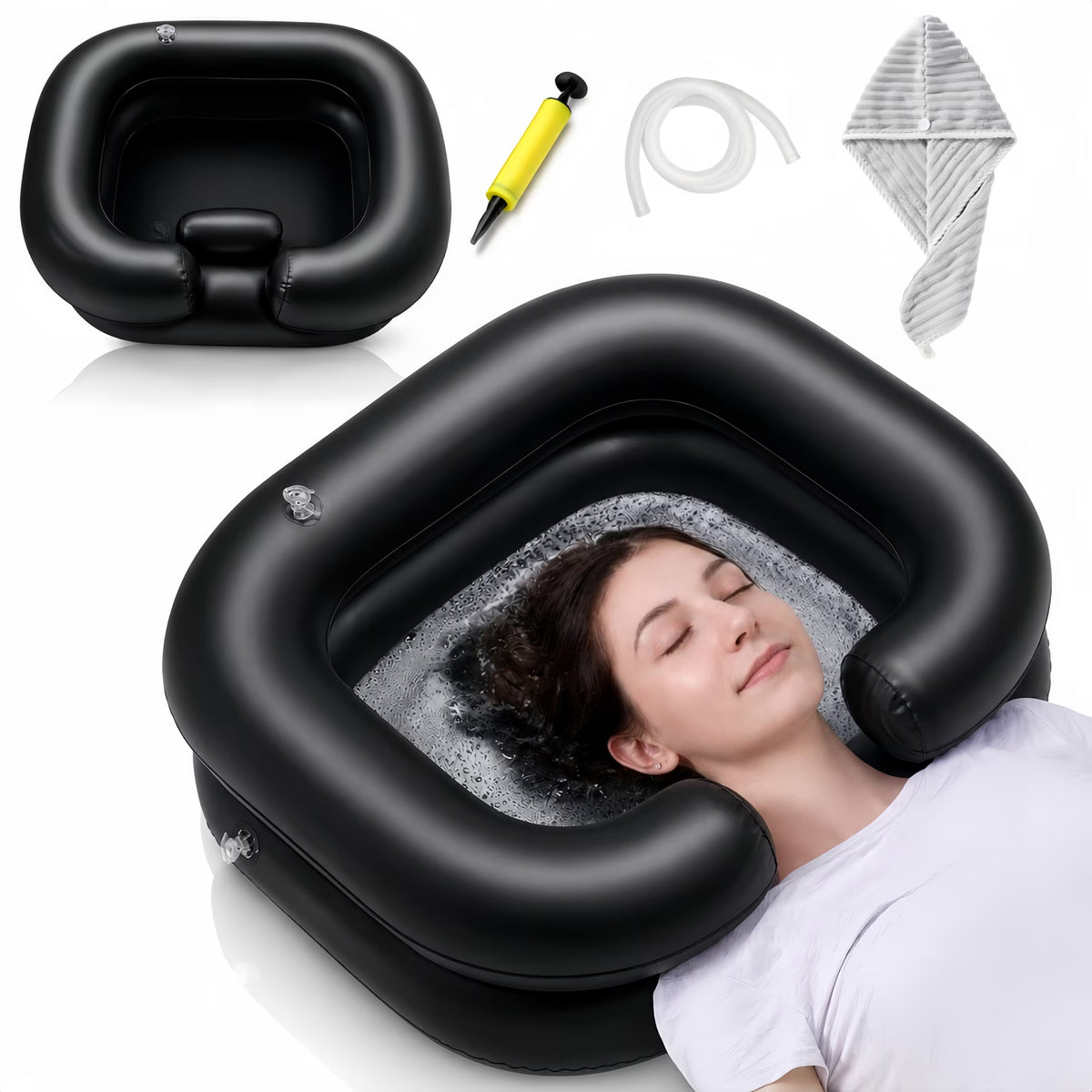 ChrumpTon Inflatable Hair Wash Basin with Drain Hose, Portable Shampoo Bowl for Bedside Hair Washing, Includes Hand Pump & Towel, for Bedside, Home Care, Sink Washing and Dreadlock Care, Black